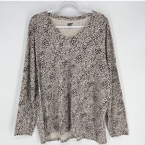 Lands End 2X Animal‎ Print V-Neck Long Sleeve Cotton Top Relaxed Fit